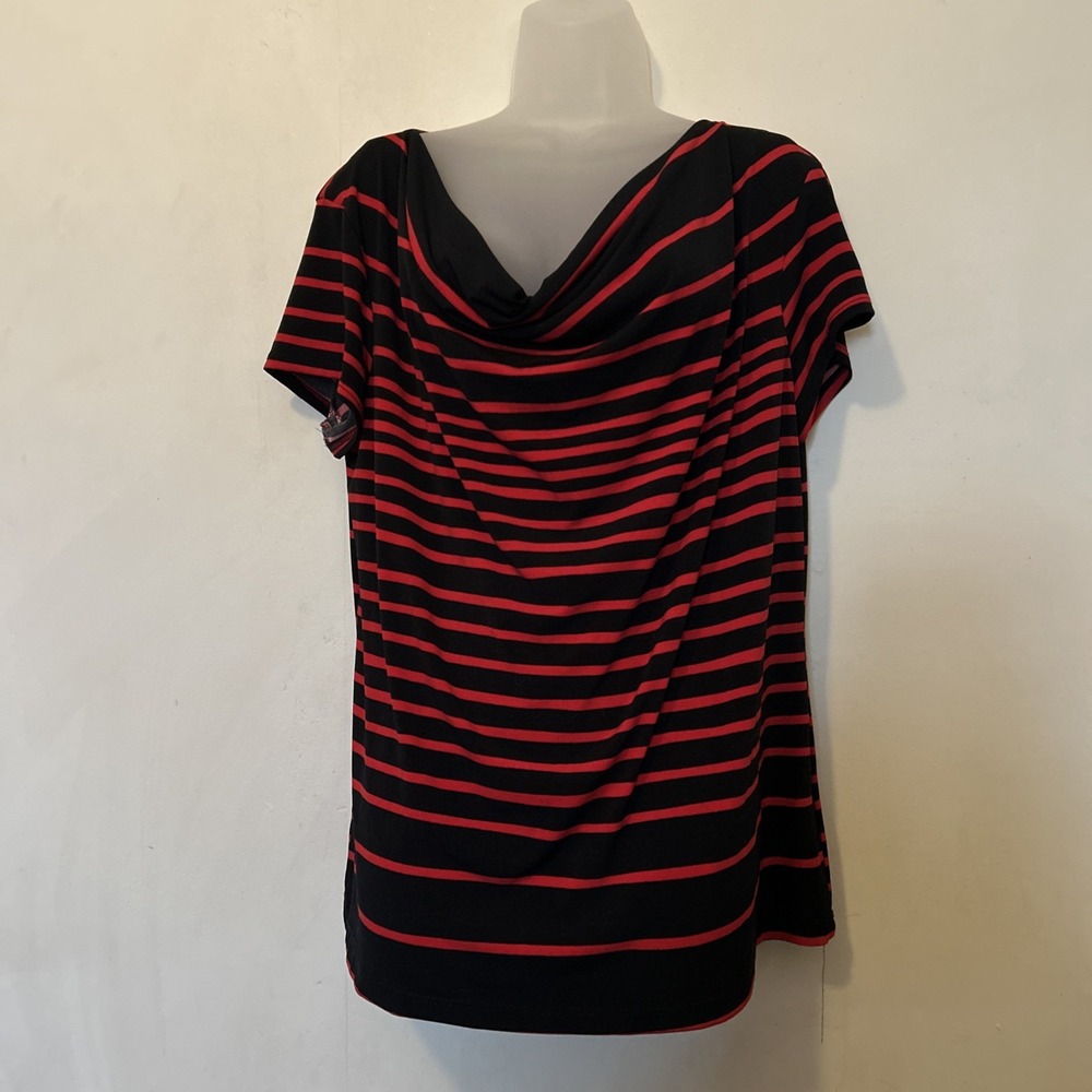 Van Heusen Red & Blue Striped Cowl Neck Blouse  Short Sleeve Flowy Flattering XL